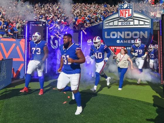 Dion Dawkins (Buffalo Bills 73), Ed Oliver (Buffalo Bills 91), Von Miller (Buffalo Bills 40), Spencer Brown (Buffalo Bills 79), Buffalo Bills vs. Jacksonville Jaguars, American Football, National Football League, Week 5, Saison 2023, 08.10.2023, Buffalo Bills vs. Jacksonville Jaguars, American Football, National Football League, Week 5, Saison 2023, 08.10.2023 London Copyright: xEibner-Pressefoto FlorianxSchustx EP_FSU