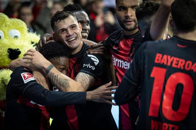 Bilder des Jahres 2023, Sport 11 November Sport Themen der Woche KW45 Sport Bilder des Tages Bayer 04 Leverkusen - 1. FC Union Berlin, 12.11.2023 +19+ schiesst das 4:0, Granit Xhaka (Bayer 04 Leverkusen, Nr. 34) freut sich mit waehrend der Begegnung Bayer 04 Leverkusen - 1. FC Union Berlin an Spieltag 11 der 1. Fussball-Bundesliga in der BayArena in Leverkusen am 12.November 2023 in Leverkusen. DFL REGULATIONS PROHIBIT ANY USE OF PHOTOGRAPHS AS IMAGE SEQUENCES AND OR QUASI-VIDEO. Copyright: xBEAUTIFULxSPORTS AxelxKohringx
