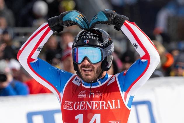 Bilder des Jahres 2024, Sport 01 Januar Sport Themen der Woche KW03 Sport Bilder des Tages Jubel und Freude beim Sieger Cyprien Sarrazin (FRA). Oesterreich, Kitzbuehel, 19.01.2024, Ski Alpin, 84. Hahnenkamm Rennen 2024, Saison 2023 2024,6th Men s Downhill, Hahnenkamm, Streif Foto: A2 Bildagentur Peter Hartenfelser