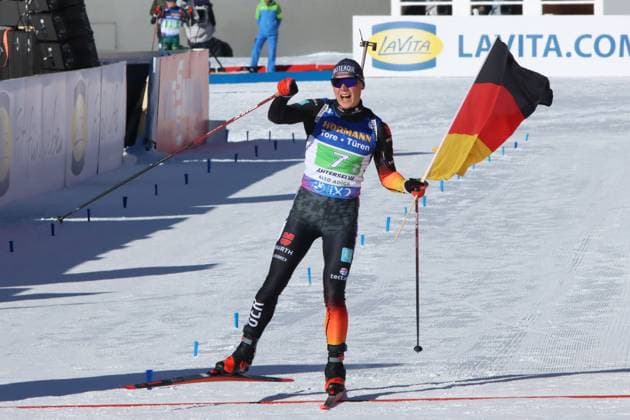 Bilder des Jahres 2024, Sport 01 Januar Sport Themen der Woche KW03 Sport Bilder des Tages IBU Worldcup Biathlon Antholz 2024, 20.01.2024 Biathlon, BMW IBU Worldcup Biathlon Antholz-Anterselva 2024, 20.01.2024, SINGLE MIXED RELAY (W+M) Bild: Siegerjubel STRELOW Justus (GER, 7-2) Copyright: xBEAUTIFULxSPORTS NilsxKoepkex