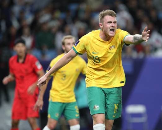 AL WAKRAH, QATAR - FEBRUARY 2: Harry Souttar of Australia directs his teammates during the AFC Asian Cup quarter final match between Australia and South Korea at Al Janoub Stadium on February 2, 2024 in Al Wakrah, Qatar. SPO 