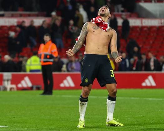 Premier League Nottingham Forest v Newcastle United Bruno Guimaraes of Newcastle United celebrates his teams win after the Premier League match Nottingham Forest vs Newcastle United at City Ground, Nottingham, United Kingdom, 10th February 2024 (Photo by Gareth Evans News Images) Nottingham City Ground Nottinghamshire United Kingdom Copyright: xGarethxEvans NewsxImagesx