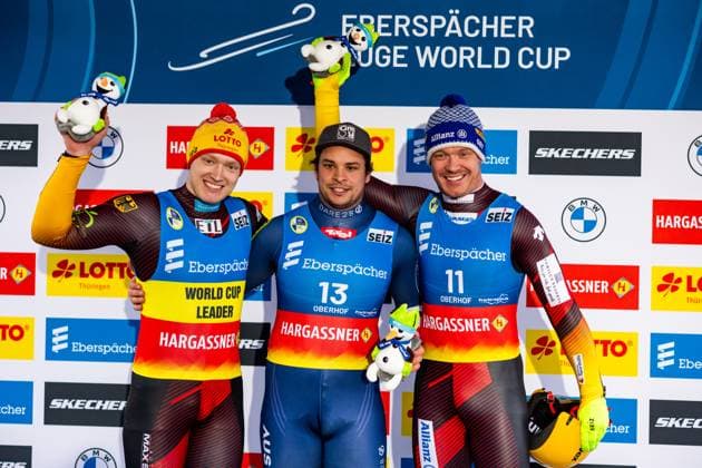 Bilder des Jahres 2024, Sport 02 Feburar Sport Themen der Woche KW07 Sport Bilder des Tages 17.02.2024, GER, Rodeln Rennrodeln, Frauen Maenner, Weltcup, Saison 2023 2024, 7. EBERSPAECHER Rodelweltcup WC Men s Singles Oberhof Max Langenhan Mueller, Jonas Loch, Felix 98559 Oberhof LOTTO Thüringen ARENA am Rennst Thüringen Deutschland