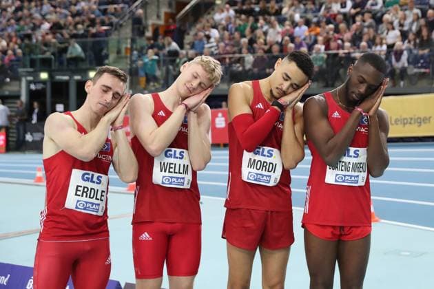 Bilder des Jahres 2024, Sport 02 Feburar Sport Themen der Woche KW07 Sport Bilder des Tages Deutsche Leichtathletik-Hallenmeisterschaften; Leipzig, 18.02.2024 Die 4 x 200 Meter-Staffel des Hamburger SV gewinnt Gold: Paul Erdle, Matti Wellm, Manuel Mordi, Mireku Carl-Junior Boateng 71. Leichtathletik Hallen-DM am 17. 18.02.2024 in der Quarterback Immobilien Arena Leipzig. Im Bild: Copyright: xBEAUTIFULxSPORTS JanxKaeferx