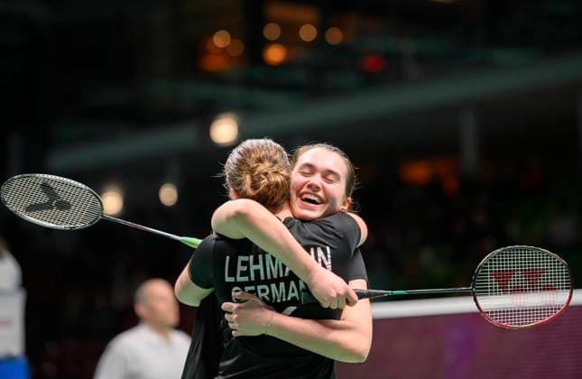 Bilder des Jahres 2024, Sport 02 Februar Sport Themen der Woche KW09 Sport Bilder des Tages Jubel Amelie LEHMANN l. Cara SIEBRECHT (GER) nach dem Sieg Amelie LEHMANN Cara SIEBRECHT (GER) vs. Rutaparna PANDA Swetaparna PANDA (IND) 21-17, 10-21, 21-14, Damen Doppel, 1. Runde, WD Round 1, am 28.02.2024 Badminton Yonex German Open 2024 vom 27.02. - 03.03.2024 in Muelheim an der Ruhr Deutschland. Â
