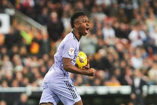 Spain, Valencia, 02.03.2024, Estadio de Mestalla, FC Valencia v FC Real Madrid - La Liga EA Sports - Matchday 27, Vinicius Jr (Real Madrid) celebrates after scoring his team˜s first goal Valencia Estadio de Mestalla Spain