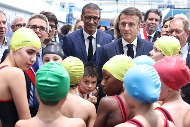 Bilder des Jahres 2024, Sport 04 April Sport Themen der Woche KW14 Sport Bilder des Tages Inauguration du centre aquatique olympique (CAO) PHOTOPQR LE PARISIEN Fred Dugit ; Saint Denis ; 04 04 2024 ; JO Paris 2024 Saint Denis (93), le 4 avril 2024 Inauguration du centre aquatique olympique (CAO) par le président de la République Emmanuel Macron. Photo LP Fred Dugit Saint Denis, France, april 4th 2024 Paris olympics Inauguration of the Olympic Aquatic Center (CAO) by the President of the Republic EmmanuelMacron.