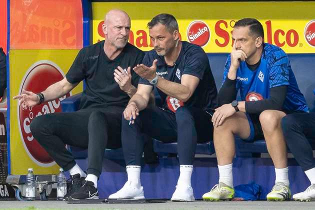 Fussball: 3. Liga, Saison 2023 2024, 33. Spieltag, MSV Duisburg - SV Waldhof Mannheim am 12.04.2024 in der Schauinsland-Reisen-Arena in Duisburg. Das Trainerteam mit Marco Antwerpen (SV Waldhof Mannheim 07, Trainer), links, ist etwas ratlos. Wichtiger Hinweis: Gemaess den Vorgaben der DFL Deutsche Fussball Liga bzw. des DFB Deutscher Fussball-Bund ist es untersagt, in dem Stadion und oder vom Spiel angefertigte Fotoaufnahmen in Form von Sequenzbildern und oder videoaehnlichen Fotostrecken zu verwerten bzw. verwerten zu lassen. Foto: Kirchner-Media TH Copyright: xKirchner-Media THx