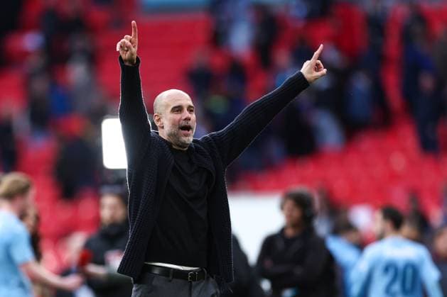Chelsea v Manchester City 20 April 2024, London - FA Cup - Semi Final - Chelsea v Manchester City - Manchester City manager Pep Guardiola celebrates victory - Photo: Jacques Feeney Offside. London UK Copyright: xJacquesxFeeneyx xOffsidexOffside