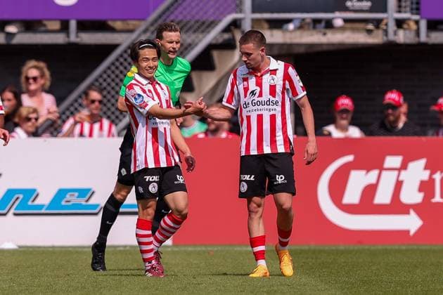 2024-05-19 Sparta Rotterdam v SC Heerenveen - Dutch Eredivisie ROTTERDAM, NETHERLANDS - MAY 19: Koki Saito of Sparta Rotterdam, Camiel Neghli of Sparta Rotterdam celebrates after scoring the first goal of the team during the Dutch Eredivisie match between Sparta Rotterdam and SC Heerenveen at Sparta-stadion Het Kasteel on May 19, 2024 in Rotterdam, Netherlands. (Photo by Hans van der Valk BSR Agency) Rotterdam Netherlands Content not available for redistribution in The Netherlands directly or indirectly through any third parties. Copyright: xBSRxAgencyx