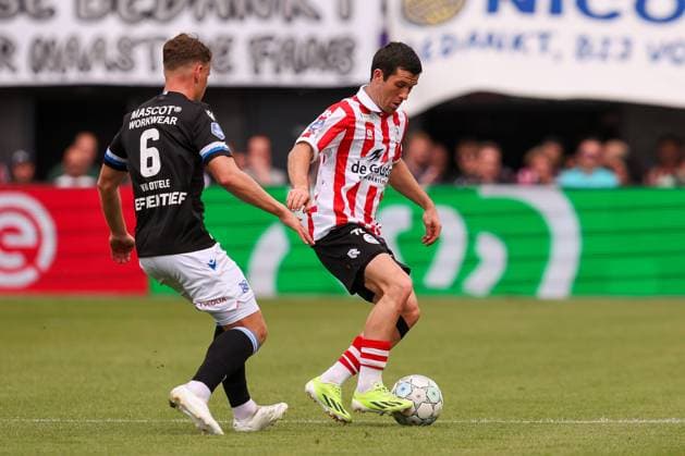 2024-05-19 Sparta Rotterdam v SC Heerenveen - Dutch Eredivisie ROTTERDAM, NETHERLANDS - MAY 19: Pelle Clement of Sparta Rotterdam is challenged by Syb van Ottele of sc Heerenveen during the Dutch Eredivisie match between Sparta Rotterdam and SC Heerenveen at Sparta-stadion Het Kasteel on May 19, 2024 in Rotterdam, Netherlands. (Photo by Hans van der Valk BSR Agency) Rotterdam Netherlands Content not available for redistribution in The Netherlands directly or indirectly through any third parties. Copyright: xBSRxAgencyx
