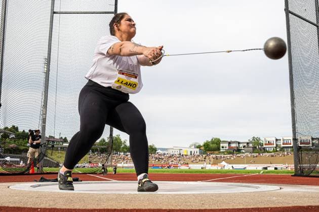 240522 Beatrice Llano of Norway competes in women?s hammer throw during the Trond Mohn Games on May 22, 2024 in Bergen. Photo: Marius Simensen BILDBYRAN Cop 238 athletics bbeng friidrett friidrott norge norway trond mohn games Copyright: MARIUSxSIMENSEN BB240522BB311