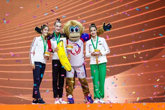 Bilder des Jahres 2024, Sport 05 Mai Sport Themen der Woche KW21 Sport Bilder des Tages 40th European Championships in Rhythmic gymnastics, Rhythmische Sportgymnastik, RSG 26.05.2024 Podium of ribbon final: 1.Darja Varfolomeev (GER), 2.Sofia Raffaeli (ITA, 3.Elvira Krasnobaeva (BUL); 40th European Championships in Rhythmic Gymnastics on 26.05.2024 in the Papp László Arena in Budapest (Hungary). Copyright: xBEAUTIFULxSPORTS U.xFassbenderx