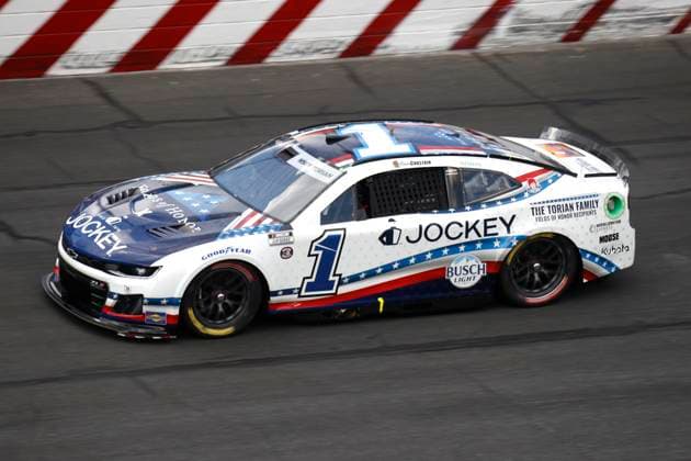 CHARLOTTE, NC - MAY 25: Ross Chastain ( 1 Trackhouse Racing Jockey x Folds of Honor Chevrolet) enters turn 4 during qualifying for the NASCAR, Motorsport, USA Cup Series Coca-Cola 600 on May 25, 2024 at Charlotte Motor Speedway in Charlotte, NC. (Photo by Jeff Robinson Icon Sportswire) AUTO: MAY 25 NASCAR Cup Series Coca-Cola 600 EDITORIAL USE ONLY Icon2405252489600