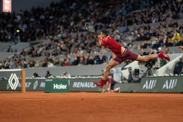 (240529) -- PARIS, May 29, 2024 -- Novak Djokovic hits a return during the men s singles first round match between Novak Djokovic of Serbia and Pierre-Hugues Herbert of France at the French tennis tournament at Roland Garros in Paris, France, on May 28, 2024. ) (SP)FRANCE-PARIS-TENNIS-FRENCH OPEN-MEN S SINGLES MengxDingbo
