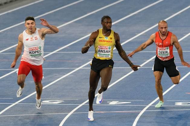 Sport Bilder des Tages 08.06.2024, Rome, Stadio Olimpico, European Athletics Championships, Owen Ansah (Germany) over the finish line during the 100 metres semi-final Copyright: xJustPictures.ch SvenxBeyrichx jp-en-SvBe-20240608-ND5_5086