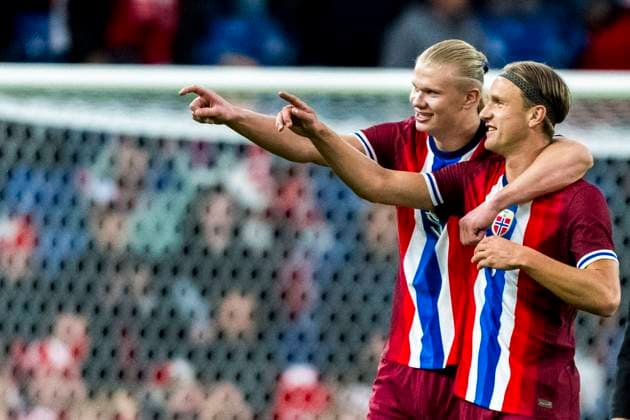 Sport Themen der Woche KW23 Sport Bilder des Tages 240608 Erling Braut Haaland and Erik Botheim of Norway after the International Friendly, Länderspiel, Nationalmannschaft football match between Denmark and Norway on June 8, 2024 in Brondby. Photo: Mathilda Ahlberg BILDBYRAN kod MA MA0677 fotboll football soccer fotball träningslandskamp international friendly danmark denmark norge norway bbeng Copyright: MATHILDAxAHLBERG BB240608MA086