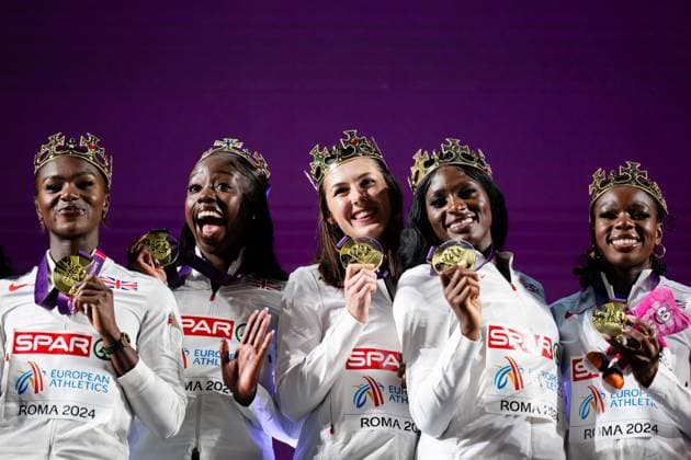 Sport Themen der Woche KW24 Sport Bilder des Tages 240612 Dina Asher-Smith, Desiree Henry,Amy Hunt and Daryll Neita of Great Britain celebrate on the podium after women?s 4x100 meters relay final during day 6 of the 2024 European Athletics Championships on June 12, 2024 in Rome. Photo: Joel Marklund BILDBYRAN kod JM VG0622 bbeng friidrott athletics friidrett friidrotts-em em friidretts-em 2024 european athletics championships jubel Copyright: JOELxMARKLUND BB240612JM134_20240613