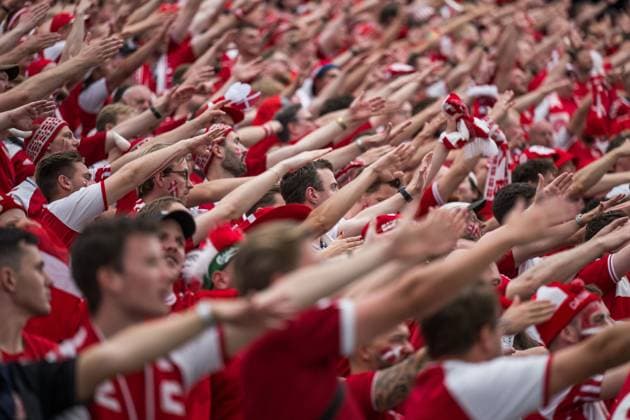 Bilder des Jahres 2024, Sport 06 Juni Sport Bilder des Tages 240620 Fans of Denmark during the UEFA EURO, EM, Europameisterschaft,Fussball 2024 Football Championship match between Denmark and England on June 20, 2024 in Frankfurt. Photo: Mathias Bergeld BILDBYRAN kod MB MB0939 fotboll football soccer fotball fotbolls-em europamästerskap em uefa euro uefa european football championship euro 2024 danmark denmark england bbeng publik Copyright: MATHIASxBERGELD BB240620MB047