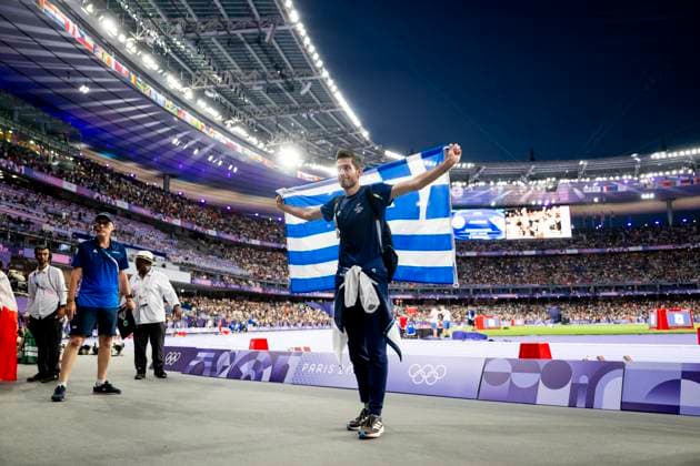 240806 Miltiadis Tentoglou of Greece celebrates after men™s long jump final during day 11 of the Paris 2024 Olympic Games, Olympische Spiele, Olympia, OS on August 6, 2024 in Paris. Photo: Jon Olav Nesvold BILDBYRAN COP 217 JM0598 bbeng friidrott athletics friidrett olympic games olympics os ol olympiska spel olympiske leker paris 2024 paris-os paris-ol jubel Copyright: JONxOLAVxNESVOLD BB240806JE095