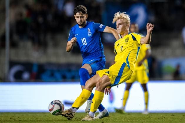 240905 Lucas Bergvall of Sweden during the Nations League football match between Azerbaijan and Sweden on September 5, 2024 in Baku. Photo: Maxim Thore BILDBYRAN kod MT MT0666 fotboll, football, soccer, fotball,nations league,azerbajdzjan, Copyright: MAXIMxTHORE BB240905MT182