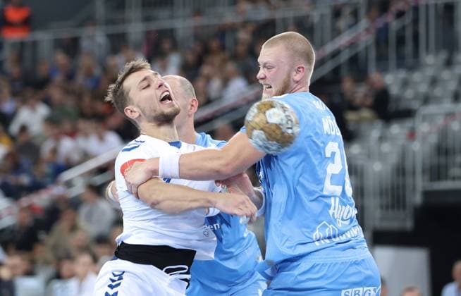 HC Zagreb v Aalborg Handbold - EHF Champions League ZAGREB, CROATIA - SEPTEMBER 18: Ihar Bialiauski of HC Zagreb in action against Felix Moller of Aalborg Handbold during EHF Champions League Group Phase match between HC Zagreb and Aalborg Handbold at Arena Zagreb on September 18, 2024 in Zagreb, Croatia.  SanjinxStrukic PIXSELL