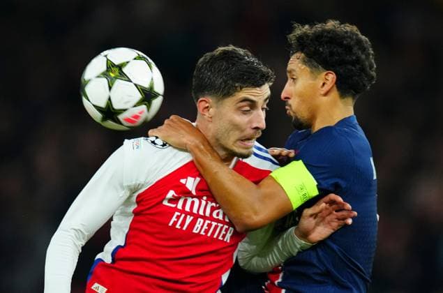 Kai Havertz of Arsenal battles with Marquinhos of PSG Arsenal v Paris Saint-Germain, UEFA Champions League, Group Stage, Football, Emirates Stadium, London, UK, 01 Oct 2024 EDITORIAL USE ONLY No use with unauthorised audio, video, data, fixture lists, club league logos or live services. Online in-match use limited to 120 images, no video emulation. No use in betting, games or single club league player publications. Copyright: xJavierxGarcia Shutterstockx 14750159fb
