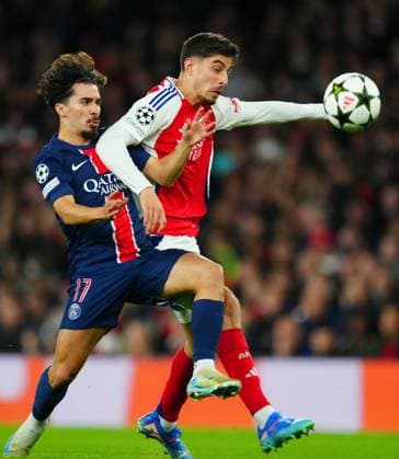 Vitinha of PSG battles with Kai Havertz of Arsenal Arsenal v Paris Saint-Germain, UEFA Champions League, Group Stage, Football, Emirates Stadium, London, UK, 01 Oct 2024 EDITORIAL USE ONLY No use with unauthorised audio, video, data, fixture lists, club league logos or live services. Online in-match use limited to 120 images, no video emulation. No use in betting, games or single club league player publications. Copyright: xJavierxGarcia Shutterstockx 14750159hf