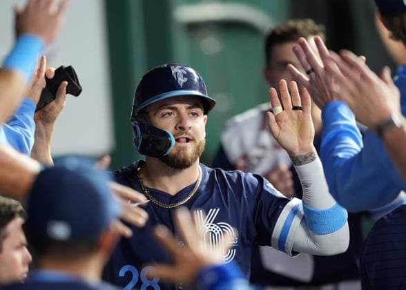 MLB, Baseball Herren, USA 2024; Twins vs Royals AUG 23 SEP 6, 2024: Kansas City Royals outfielder Kyle Isbel (28) celebrates scoring at Kauffman Stadium Kansas City, Missouri. Jon Robichaud CSM. (Credit Image: Â Jon Robichaud Cal Media) Kansas City Missouri United States EDITORIAL USE ONLY Copyright: xx ZUMA-20240906_zma_c04_031.jpg JonxRobichaudx csmphotothree290545