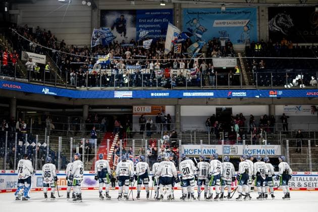 13.10.2024 - Eishockey - Saison 2024 2025 - Penny DEL - Nürnberg Ice Tigers Icetigers - Straubing Tigers - ThHa - xthxhax - Die Straubinger Mannschaft feiert mit den Fans