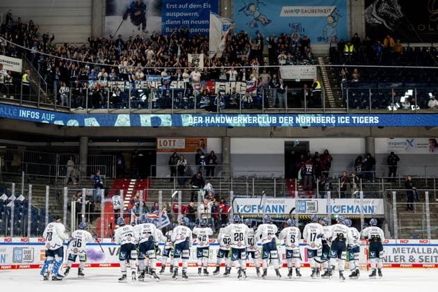 13.10.2024 - Eishockey - Saison 2024 2025 - Penny DEL - Nürnberg Ice Tigers Icetigers - Straubing Tigers - ThHa - xthxhax - Die Straubinger Mannschaft feiert mit den Fans