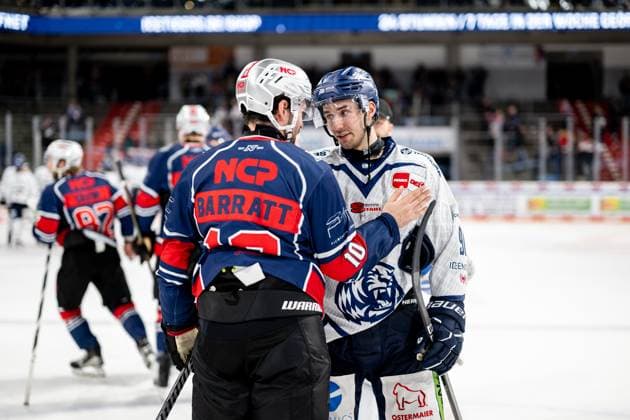 13.10.2024 - Eishockey - Saison 2024 2025 - Penny DEL - Nürnberg Ice Tigers Icetigers - Straubing Tigers - ThHa - xthxhax - Shakehands, Händeschütteln, Tim Fleischer (91, Straubing Tigers ) Evan Barratt (10, Nürnberg Ice Tigers, NIT )