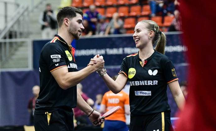 Bilder des Jahres 2024, Sport 10 Oktober Sport Themen der Woche KW42 Sport Bilder des Tages FRANZISKA_Patrick-KAUFMANN_Annett-GER-EC_Linz-2024-10-15-MS8_3037.JPG European Table tennis, Tischtennis Championships at TipsArena Linz, Austria, 15 October 2024: Mixed-Qualification round 2 Linz TipsArena, Ziegeleistraße 76, 4020 Linz Upper Austria Austria