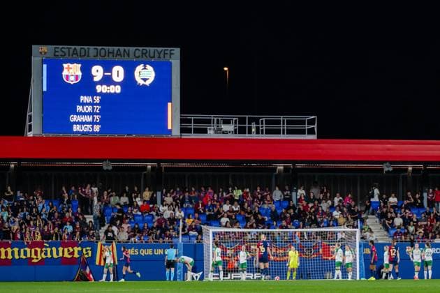 Bilder des Jahres 2024, Sport 10 Oktober Sport Themen der Woche KW42 241016 The final result is shown on a screen during the Women s Champions League football match between Barcelona and Hammarby on October 16, 2024 in Barcelona. Photo: Johanna Säll BILDBYRAN kod JL JL0454 fotboll football soccer fotball uefa womens champions league barcelona hammarby dam bbeng Copyright: JOHANNAxSÄLL BB241016BB801