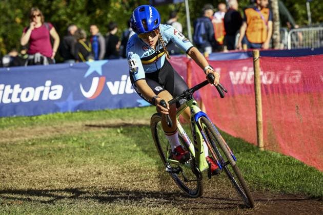 Belgian Fleur Moors pictured in action during the U23 Women race at the European Championships cyclocross cycling in Pontevedra, Spain, Sunday 03 November 2024. DAVIDxPINTENS  x104425866x