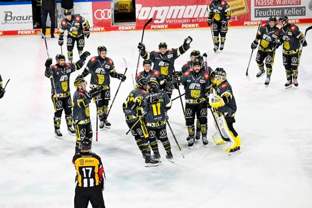 Bilder des Jahres 2024, Sport 11 November Sport Themen der Woche KW44 Eishockey DEL2 - 24 25 - 17. Spieltag: Krefeld Pinguine vs Kassel Huskies am 03.11.2024 in der Yayla Arena in Krefeld Krefelder Spieler strömen auf den Torschützen zu nach dem Sieg in Overtime Verlängerung