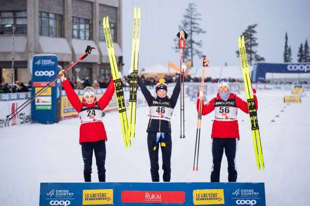 Bilder des Jahres 2024, Sport 11 November Sport Themen der Woche KW48 Sport Bilder des Tages 241129 Therese Johaug of Norway, Frida Karlsson of Sweden and Astrid oyre Slind of Norway celebrate after competing in the women s 10km classic interval start during the FIS Cross-Country World Cup on November 29, 2024 in Ruka. Photo: Kalle Parkkinen BILDBYRAN COP 211 KP0066 skidor cross-country skiing langrenn bbeng women interval classic sverige norge jubel Copyright: KALLExPARKKINEN BB241129BB042