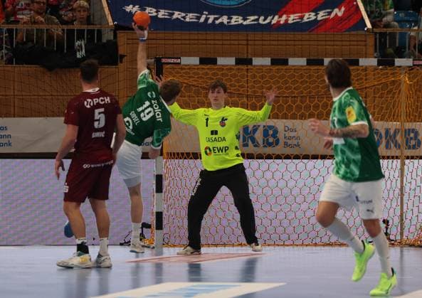 GER HBL Saison 2024 2025 VfL Potsdam vs. FÜCHSE Berlin, 01.12.24, MBS Arena, Potsdam Josip SIMIC (1.VfL Potsdam 5), Mathias GIDSEL (Füchse Berlin 19), Frederik HÖLER (1.VfL Potsdam 1), Manuel STRLEK (Füchse Berlin 7)