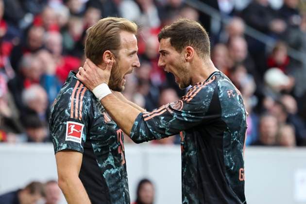 Bilder des Jahres 2025, Sport 01 Januar Sport Themen der Woche KW04 Sport Bilder des Tages Torjubel FC Bayern München beim 0:1 durch Harry Kane (FC Bayern München, 09), mit Leon Goretzka (FC Bayern München, 08) , Fussball, 1. Bundesliga, 19.Spieltag, 2024 2025, SC Freiburg vs. FC Bayern München, 25.01.2025, Europa-Park Stadion , Freiburg im Breisgau, Deutschland DFL REGULATIONS PROHIBIT ANY USE OF PHOTOGRAPHS AS IMAGE SEQUENCES AND OR QUASI-VIDEO. Freiburg im Breisgau Europa-Park Stadion Baden-Württemberg Deutschland Copyright: xGrantxHubbsx