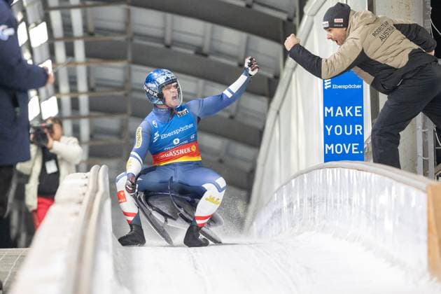 Bilder des Jahres 2025, Sport 02 Februar Sport Themen der Woche KW07 Sport Bilder des Tages photographer: FIL Michael Kristen 15.02.2025 8. FIL Eberspächer Luge World Cup, Olympic Sliding Center PyeongChang (KOR), WC South Korea, Men™s Singles, picture: Wolfgang Kindl (AUT), Christian Eigentler (head coach Austria)