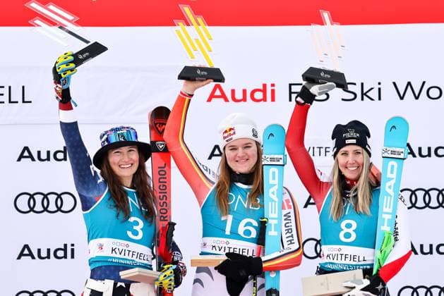 World Cup Alpine Kvitfjell Womens Downhill Kvitfjell 20250301 Lauren Macuga from USA solv f v , Emma Aicher from Germany gold and Cornelia Huetter from Austria bronze after FIS World Cup Alpine Womens Downhill in Kvitfjell Photo Geir Olsen NTB Kvitfjell Norway EDITORIAL USE ONLY RESTRICTED USE FOR BETTING COMPANIES  Copyright: xGeirxOlsenx xNTBx