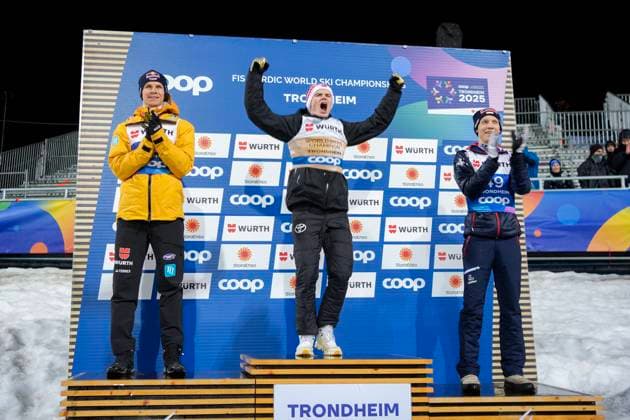 World Ski Championships 2025 Trondheim 20250302 Andreas Wellinger from Germany took silver, Marius Lindvik took gold, and Jan Hoerl from Austria took bronze in mens normal hill jumping at the World Championships Trondheim 2025 in Granasen Photo Terje Pedersen NTB Trondheim Norway EDITORIAL USE ONLY RESTRICTED USE FOR BETTING COMPANIES  Copyright: xTerjexPedersenx xNTBx