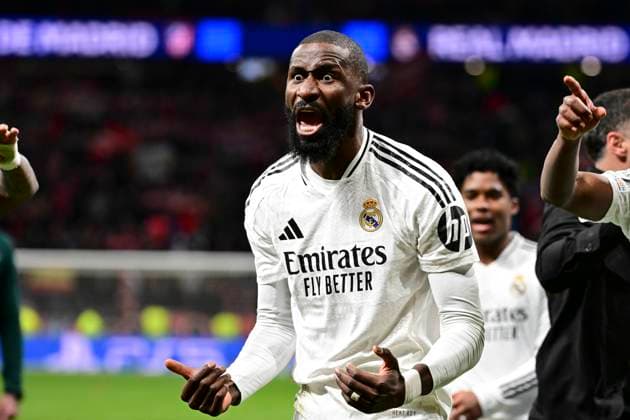Bilder des Jahres 2025, Sport 03 März Sport Themen der Woche KW11 Sport Bilder des Tages Antonio Ruediger 22 ( Madrid ) feiert den Sieg, Atletico Madrid vs. Real Madrid , Fussball, Champions League, Achtelfinale Rueckspiel, 12.03.2025 Madrid Madrid Spanien