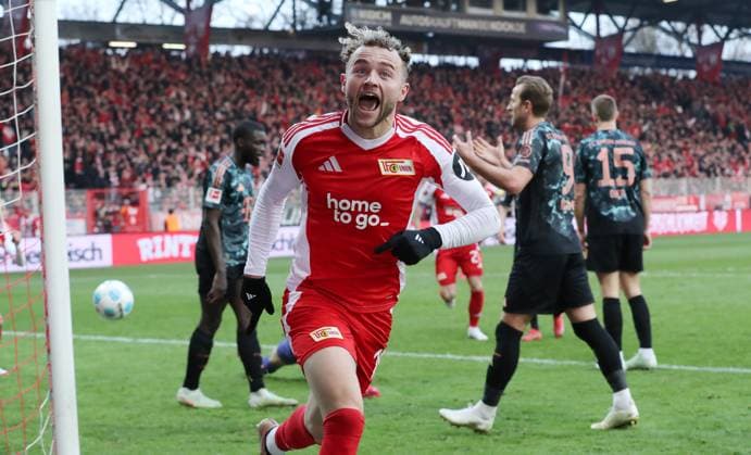 Bilder des Jahres 2025, Sport 03 März Sport Themen der Woche KW11 Sport Bilder des Tages Benedict Hollerbach jubelt nach 1:1 Ausgleich Freude Emotion Jubel Fußball Fussball Bundesliga Herren DFL 26. Spieltag Saison 2024 2025 15.03.2025 1.FC Union Berlin FCU vs. FC Bayern München FCB DFL regulations prohibit any use of photographs as image sequences and or quasi-video.