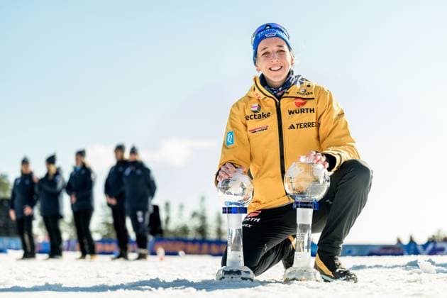 Bilder des Jahres 2025, Sport 03 März 250323 Franziska Preuss of Germany celebrates winning women™s Mass Start and World Cup after women s 12,5 km mass start during the IBU World Cup on March 23, 2025 in Oslo. Photo: Mathias Bergeld BILDBYRAN kod MB MB1114 skidskytte biathlon skiskyting världscupen ibu world cup masstart mass start dam bbeng jubel Copyright: MATHIASxBERGELD BB250323MB104