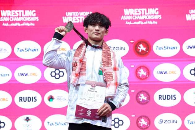 Wrestling Asian Championships 2025 Podium 55kg GR - Gold: Kohei Yamagiwa (JPN)