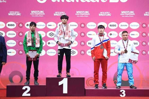 Wrestling Asian Championships 2025 Podium 55kg GR - Gold: Kohei Yamagiwa (JPN), Silver: Sajjad Ali Mukasr Albidhan (IRQ), Bronze: Yu Chol Ro (PRK), Ikhtiyor Botirov (UZB)