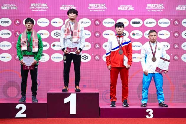 Wrestling Asian Championships 2025 Podium 55kg GR - Gold: Kohei Yamagiwa (JPN), Silver: Sajjad Ali Mukasr Albidhan (IRQ), Bronze: Yu Chol Ro (PRK), Ikhtiyor Botirov (UZB)