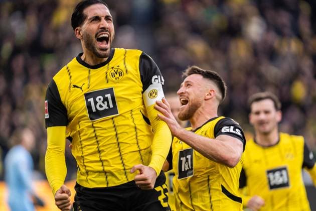 Bilder des Jahres 2025, Sport 03 März Sport Themen der Woche KW13 Sport Bilder des Tages GER, 1. FBL Borussia Dortmund vs 1.FSV Mainz 05 30.03.2025, Signal Iduna Park, Dortmund, GER, 1. FBL Borussia Dortmund vs 1.FSV Mainz 05 im Bild: Torjubel Jubel ueber das Tor zum 2:0 durch Emre Can (BV Borussia Dortmund, 23) springt in die Luft, Salih Özcan Oezcan (BV Borussia Dortmund, 6)