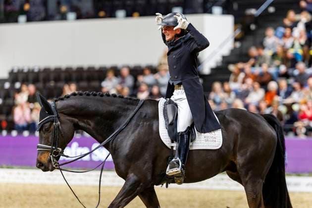 Bilder des Jahres 2025, Sport 04 April Sport Bilder des Tages BASEL - FEI World Cupâ ¢ Finals 2025, BASEL - FEI World Cupâ ¢ Finals 2025 POTTIER Corentin (FRA), Gotilas du Feuillard Grand Hotel Les Trois Rois FEI Dressage World Cupâ ¢ Final CSI-W - Grand Prix de Dressage Basel, St. Jakobshalle 04. April 2025 -